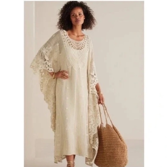 Soft Surroundings Label Noir Ivory Crochet Martinique Breeze Caftan Lace Boho - Picture 1 of 16